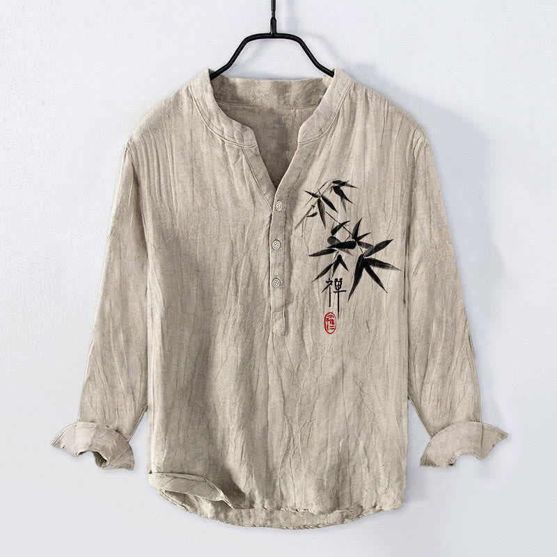 Buddha Stones Bamboo Zen Character Pattern Half Buttons Men's Cotton Linen Long Sleeve Shirt - Linen - US/UK/AU50，EU60 (5XL) - image 0