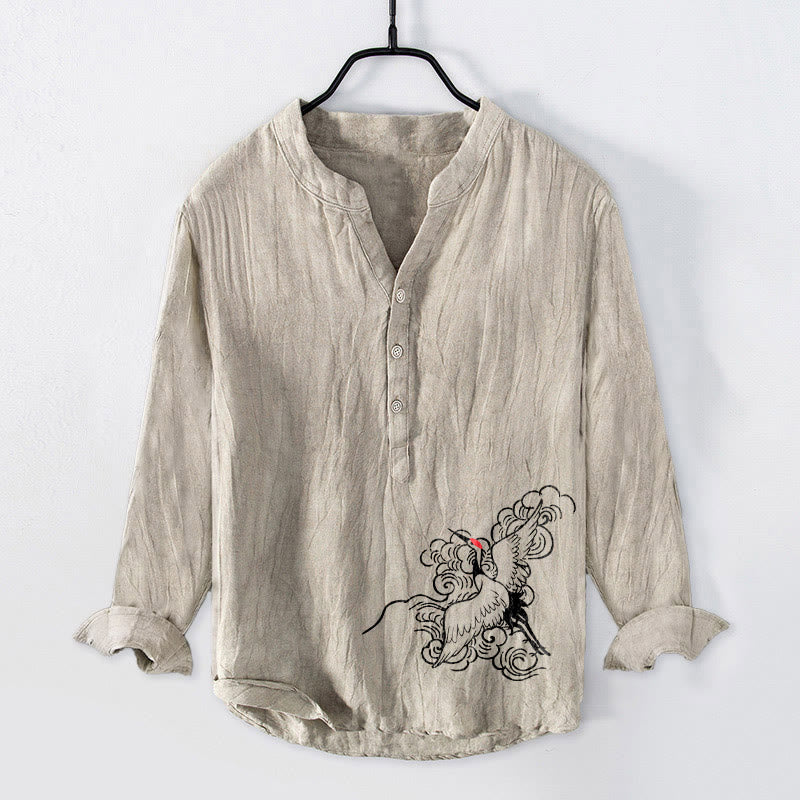 Buddha Stones Red-crowned Crane Clouds Pattern Half Buttons Men's Cotton Linen Long Sleeve Shirt - Linen - US/UK/AU50，EU60 (5XL) - image 0