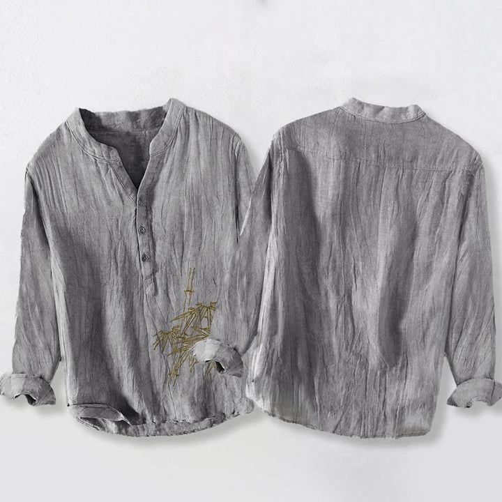 Buddha Stones Bamboo Leaves Pattern Half Buttons Men's Cotton Linen Long Sleeve Shirt - image 5