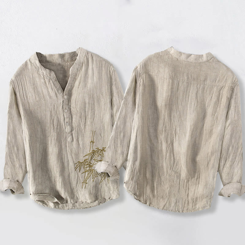 Buddha Stones Bamboo Leaves Pattern Half Buttons Men's Cotton Linen Long Sleeve Shirt - image 8