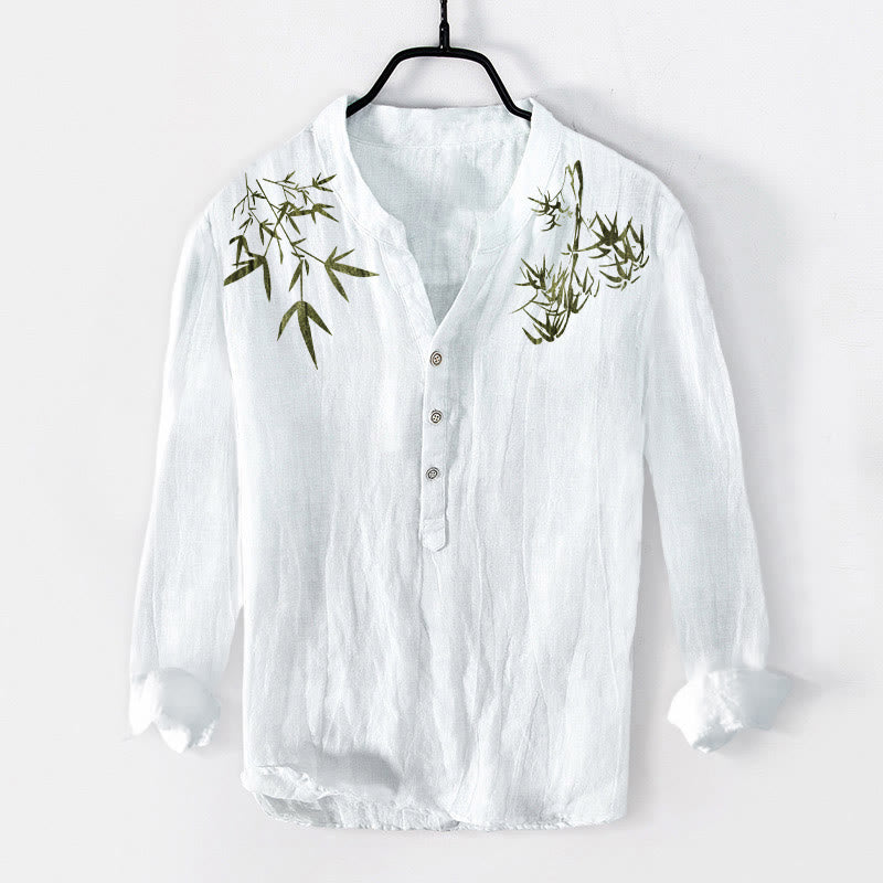 Buddha Stones Green Bamboo Leaves Pattern Half Buttons Men's Cotton Linen Long Sleeve Shirt - White - US/UK/AU50，EU60 (5XL) - image 6