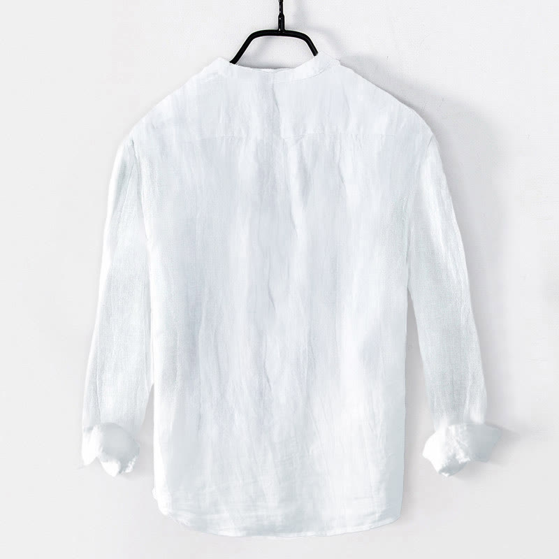 Buddha Stones Chinese Character Harmony Pattern Half Buttons Men's Cotton Linen Long Sleeve Shirt - image 1