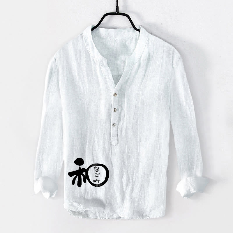 Buddha Stones Chinese Character Harmony Pattern Half Buttons Men's Cotton Linen Long Sleeve Shirt - White - US/UK/AU50，EU60 (5XL) - image 0