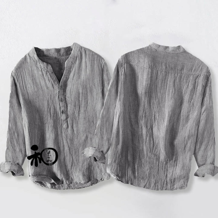 Buddha Stones Chinese Character Harmony Pattern Half Buttons Men's Cotton Linen Long Sleeve Shirt - image 8