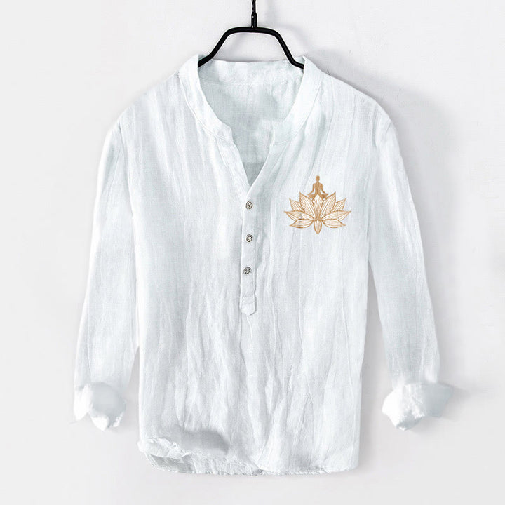 Buddha Stones Meditating Person Lotus Pattern Half Buttons Men's Cotton Linen Long Sleeve Shirt - image 7