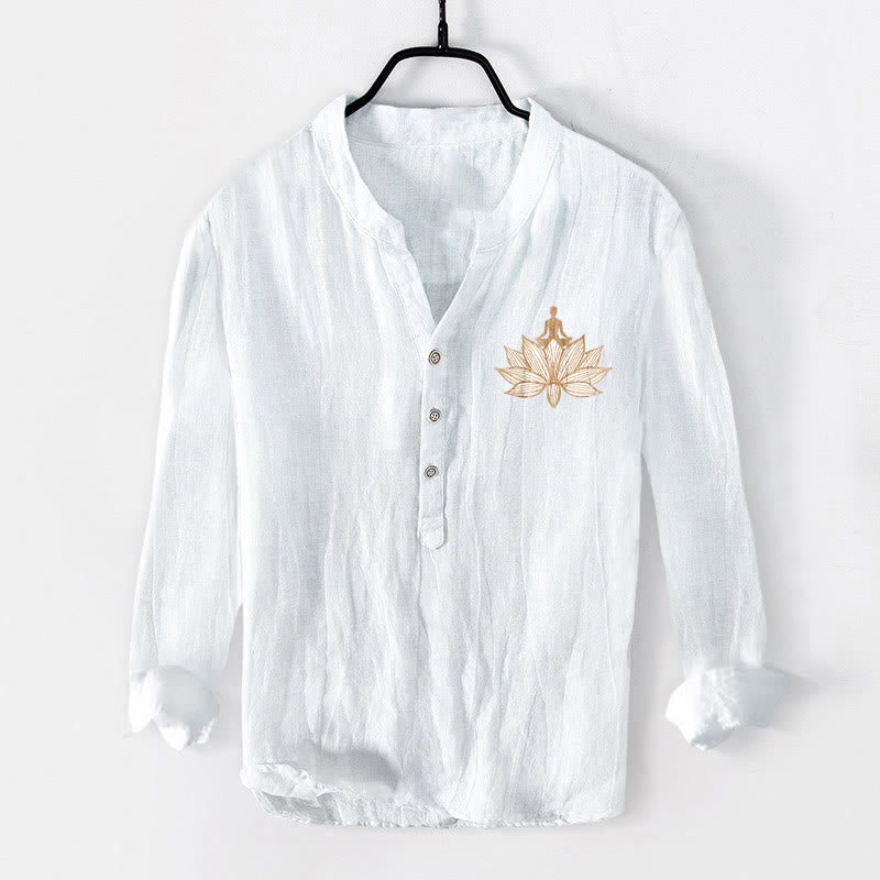 Buddha Stones Meditating Person Lotus Pattern Half Buttons Men's Cotton Linen Long Sleeve Shirt - image 7