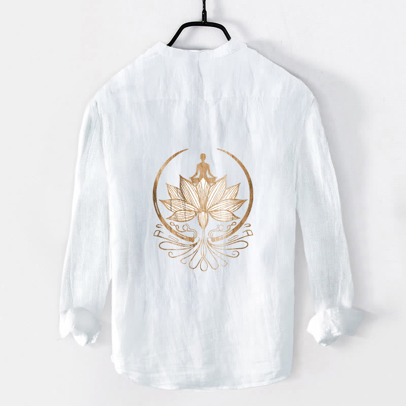 Buddha Stones Meditating Person Lotus Pattern Half Buttons Men's Cotton Linen Long Sleeve Shirt - image 8
