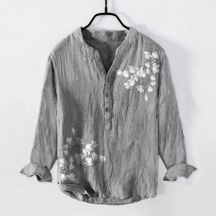 Buddha Stones Magnolia Flowers Branches Pattern Half Buttons Men's Cotton Linen Long Sleeve Shirt - Gray - US/UK/AU50，EU60 (5XL) - image 0