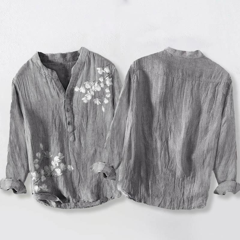 Buddha Stones Magnolia Flowers Branches Pattern Half Buttons Men's Cotton Linen Long Sleeve Shirt - image 2