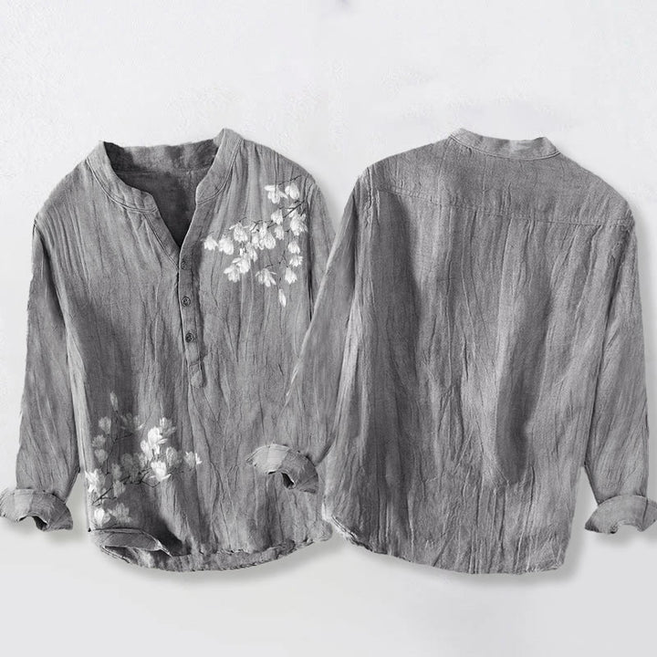 Buddha Stones Magnolia Flowers Branches Pattern Half Buttons Men's Cotton Linen Long Sleeve Shirt - image 2