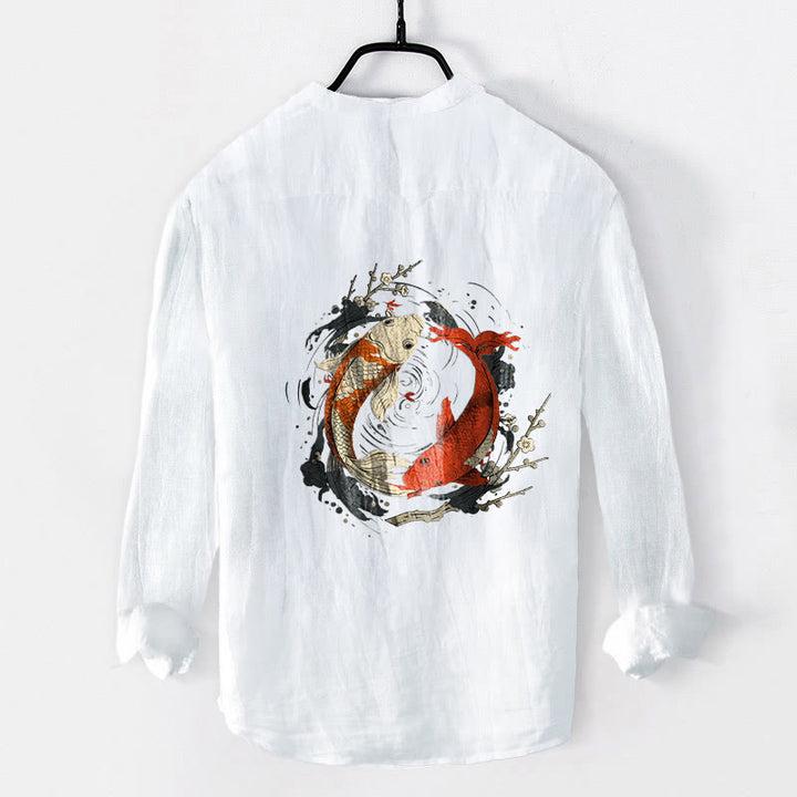 Buddha Stones Red White Koi Fish Yin Yang Pattern Half Buttons Men's Cotton Linen Long Sleeve Shirt - image 8