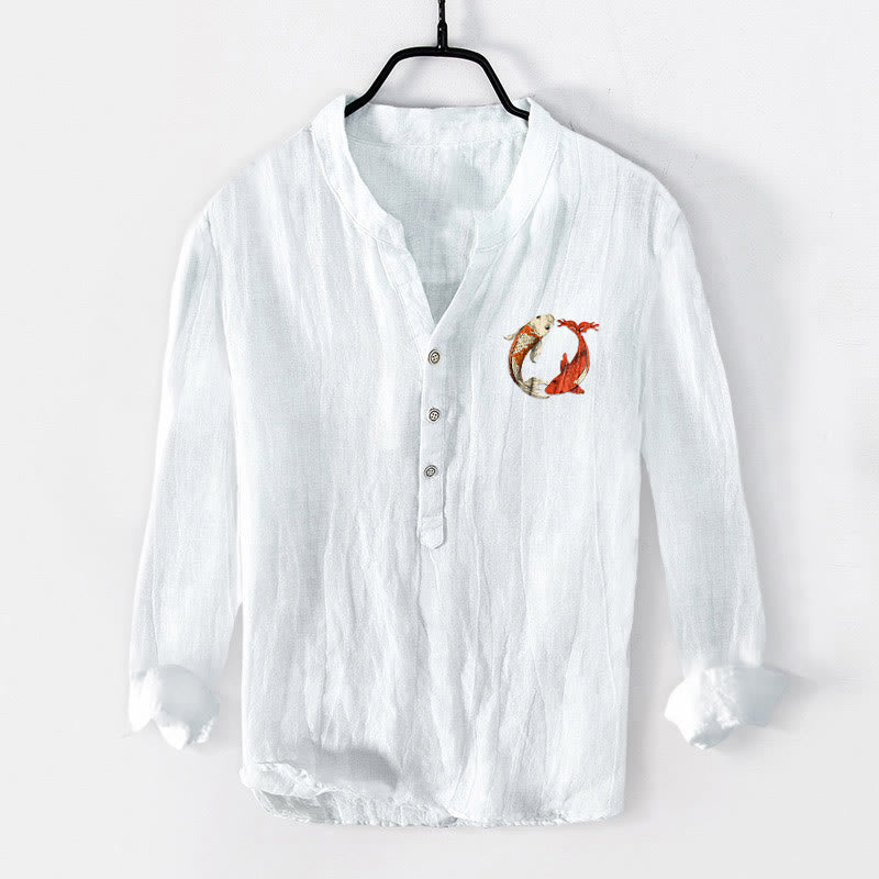 Buddha Stones Red White Koi Fish Yin Yang Pattern Half Buttons Men's Cotton Linen Long Sleeve Shirt - image 7