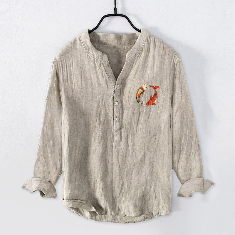 Buddha Stones Red White Koi Fish Yin Yang Pattern Half Buttons Men's Cotton Linen Long Sleeve Shirt - image 1