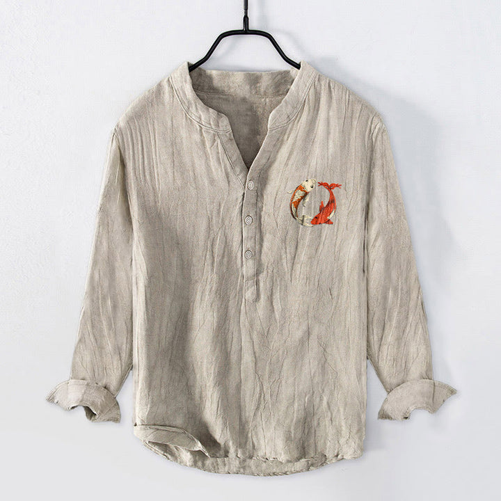 Buddha Stones Red White Koi Fish Yin Yang Pattern Half Buttons Men's Cotton Linen Long Sleeve Shirt - image 1