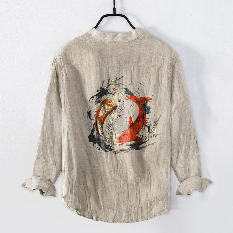 Buddha Stones Red White Koi Fish Yin Yang Pattern Half Buttons Men's Cotton Linen Long Sleeve Shirt - image 2