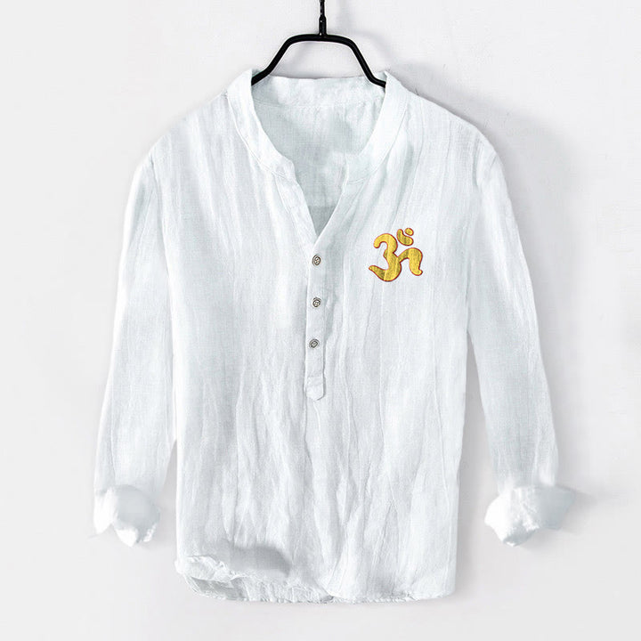 Buddha Stones OM Symbol Mandala Pattern Half Buttons Men's Cotton Linen Long Sleeve Shirt - image 1