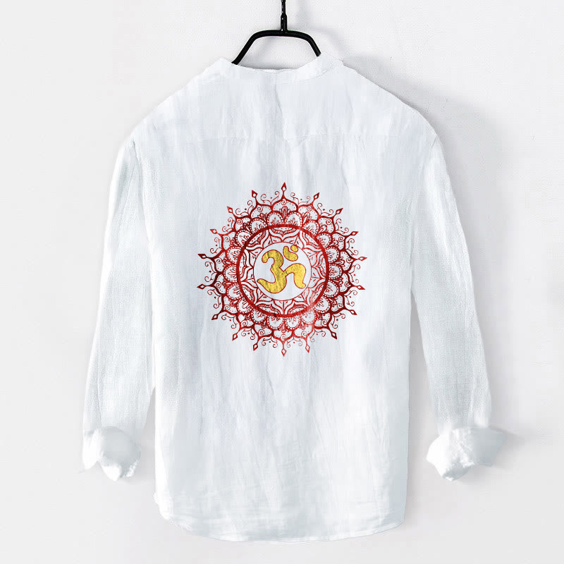 Buddha Stones OM Symbol Mandala Pattern Half Buttons Men's Cotton Linen Long Sleeve Shirt - image 2
