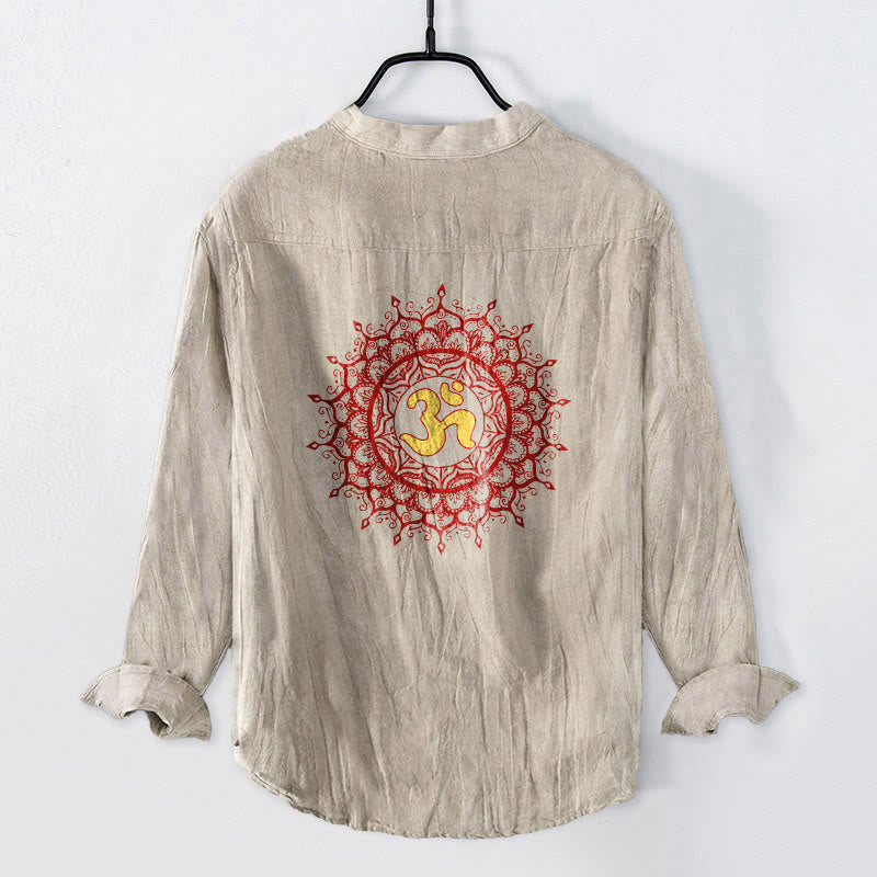 Buddha Stones OM Symbol Mandala Pattern Half Buttons Men's Cotton Linen Long Sleeve Shirt - image 5