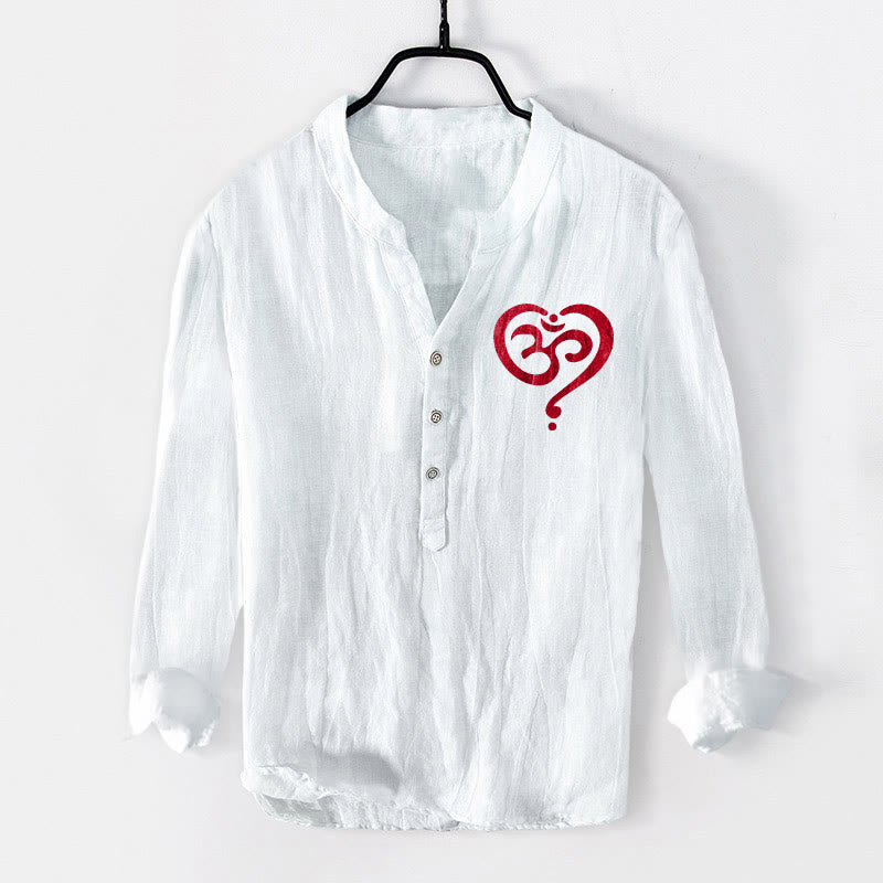 Buddha Stones Heart-shaped OM Symbol Pattern Half Buttons Men's Cotton Linen Long Sleeve Shirt - White - US/UK/AU50，EU60 (5XL) - image 6