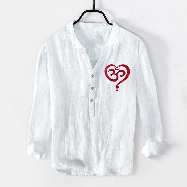 Buddha Stones Heart-shaped OM Symbol Pattern Half Buttons Men's Cotton Linen Long Sleeve Shirt - White - US/UK/AU50，EU60 (5XL) - image 6