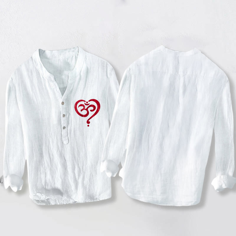 Buddha Stones Heart-shaped OM Symbol Pattern Half Buttons Men's Cotton Linen Long Sleeve Shirt - image 8