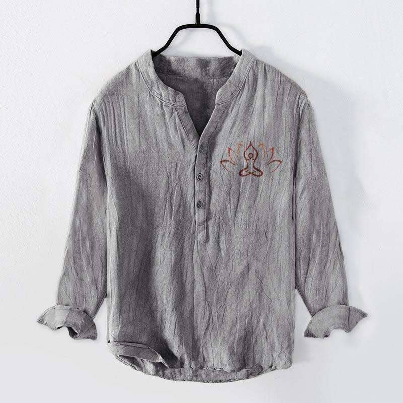 Buddha Stones Lotus Meditating Figure Pattern Half Buttons Men's Cotton Linen Long Sleeve Shirt - Gray - US/UK/AU50，EU60 (5XL) - image 3