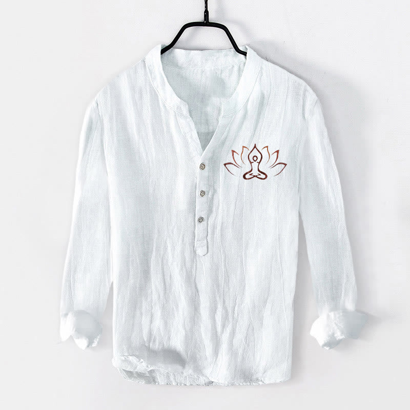 Buddha Stones Lotus Meditating Figure Pattern Half Buttons Men's Cotton Linen Long Sleeve Shirt - White - US/UK/AU50，EU60 (5XL) - image 6