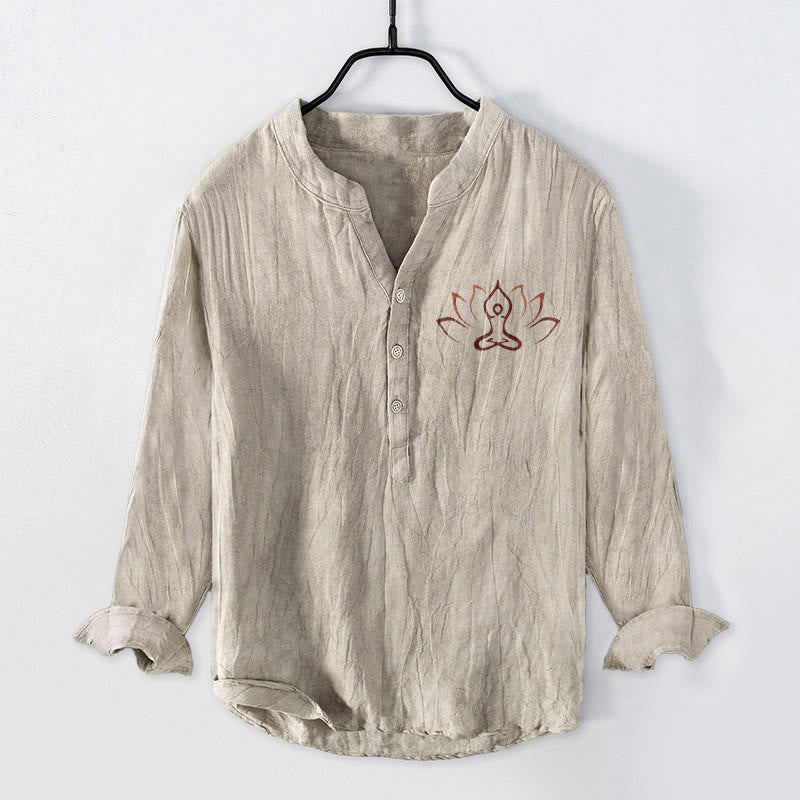 Buddha Stones Lotus Meditating Figure Pattern Half Buttons Men's Cotton Linen Long Sleeve Shirt - Linen - US/UK/AU50，EU60 (5XL) - image 0
