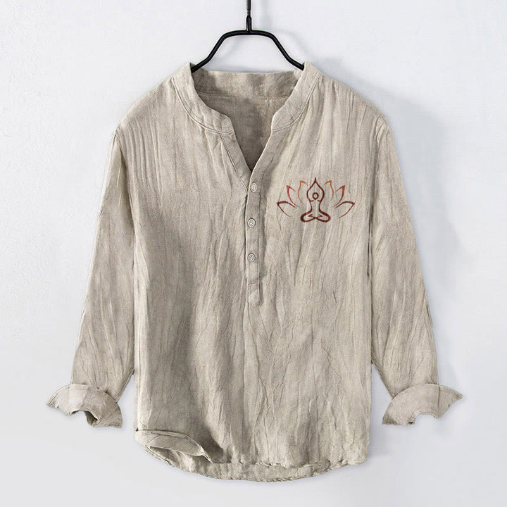 Buddha Stones Lotus Meditating Figure Pattern Half Buttons Men's Cotton Linen Long Sleeve Shirt - Linen - US/UK/AU50，EU60 (5XL) - image 0