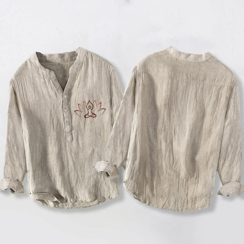 Buddha Stones Lotus Meditating Figure Pattern Half Buttons Men's Cotton Linen Long Sleeve Shirt - image 2
