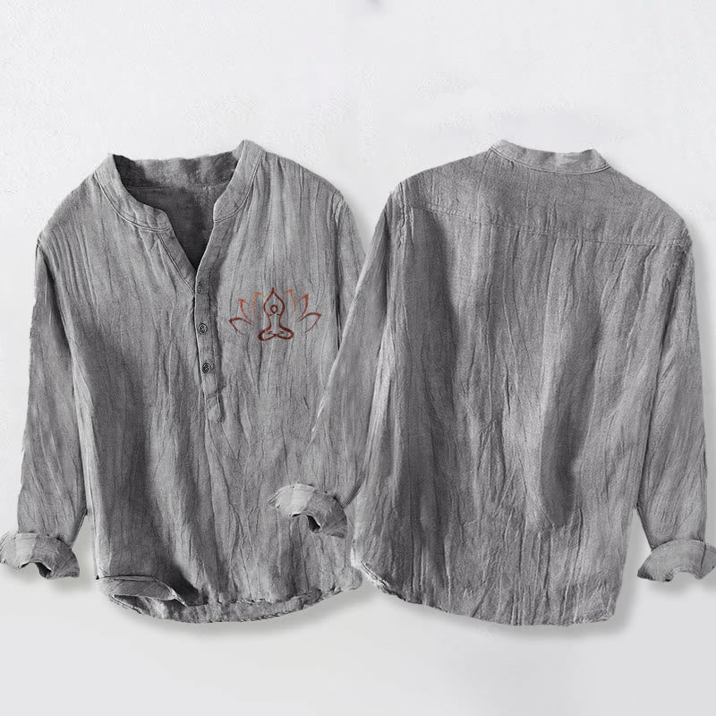 Buddha Stones Lotus Meditating Figure Pattern Half Buttons Men's Cotton Linen Long Sleeve Shirt - image 5