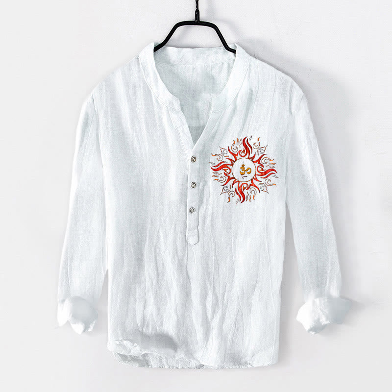 Buddha Stones Sun-shaped OM Symbol Pattern Half Buttons Men's Cotton Linen Long Sleeve Shirt - White - US/UK/AU50，EU60 (5XL) - image 6