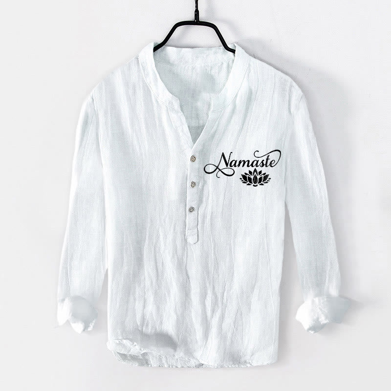 Buddha Stones "Namaste" Lotus Flower Half Buttons Design Long Sleeve Men's Cotton Linen Shirt - White - US/UK/AU50，EU60 (5XL) - image 6