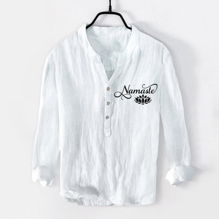 Buddha Stones "Namaste" Lotus Flower Half Buttons Design Long Sleeve Men's Cotton Linen Shirt - White - US/UK/AU50，EU60 (5XL) - image 6