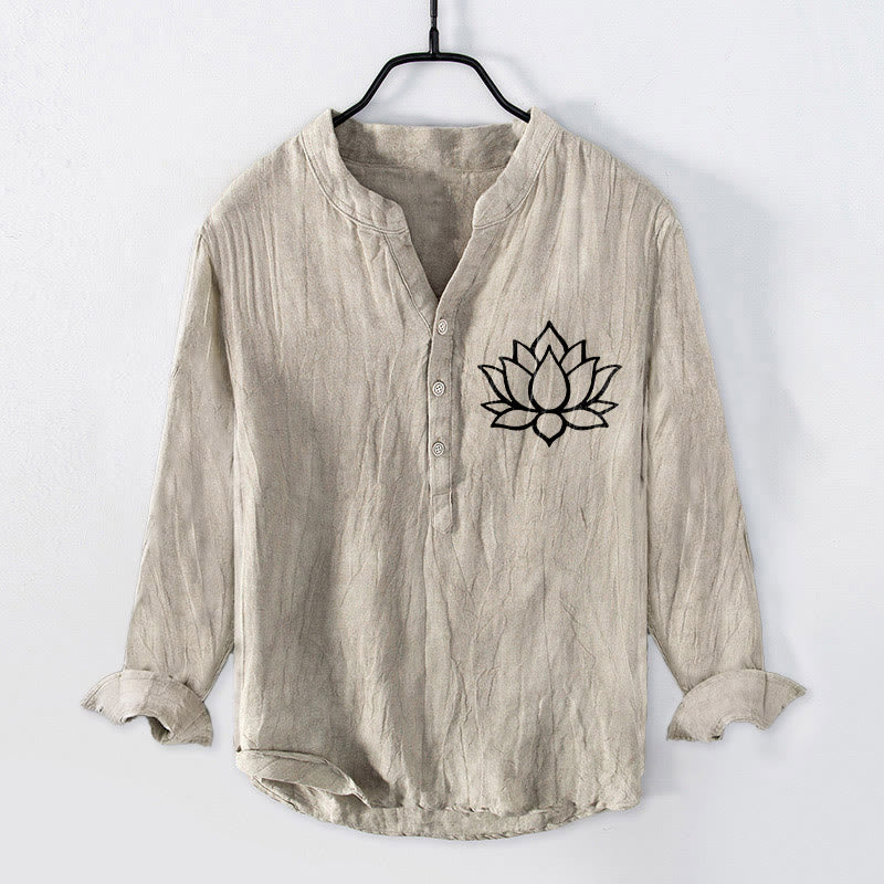 Buddha Stones Line-art Lotus Flower Pattern Half Buttons Men's Cotton Linen Long Sleeve Shirt - Linen - US/UK/AU50，EU60 (5XL) - image 3