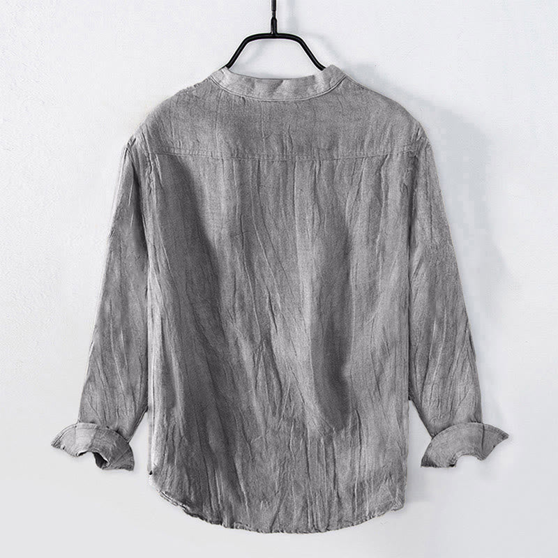 Buddha Stones Line-art Lotus Flower Pattern Half Buttons Men's Cotton Linen Long Sleeve Shirt - image 1