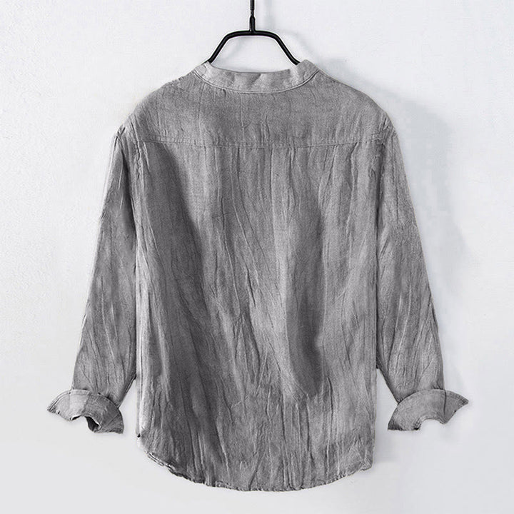 Buddha Stones Line-art Lotus Flower Pattern Half Buttons Men's Cotton Linen Long Sleeve Shirt - image 1