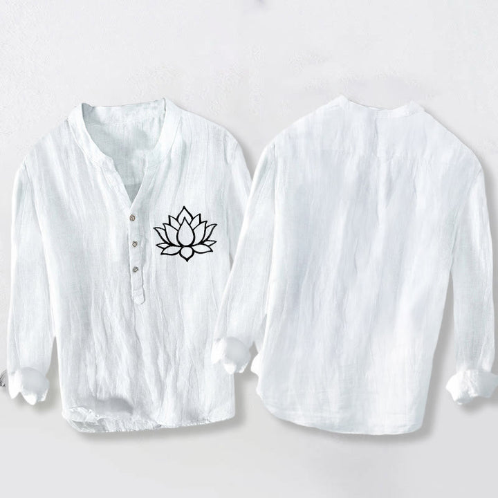 Buddha Stones Line-art Lotus Flower Pattern Half Buttons Men's Cotton Linen Long Sleeve Shirt - image 8