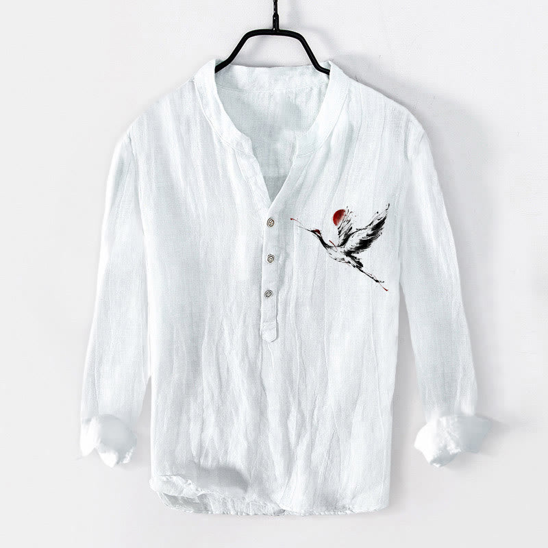 Buddha Stones Flying Crane Sun Pattern Half Buttons Men's Cotton Linen Long Sleeve Shirt - White - US/UK/AU50，EU60 (5XL) - image 6