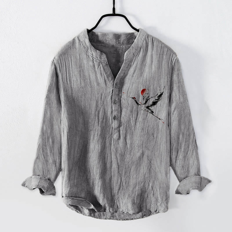Buddha Stones Flying Crane Sun Pattern Half Buttons Men's Cotton Linen Long Sleeve Shirt - Gray - US/UK/AU50，EU60 (5XL) - image 3