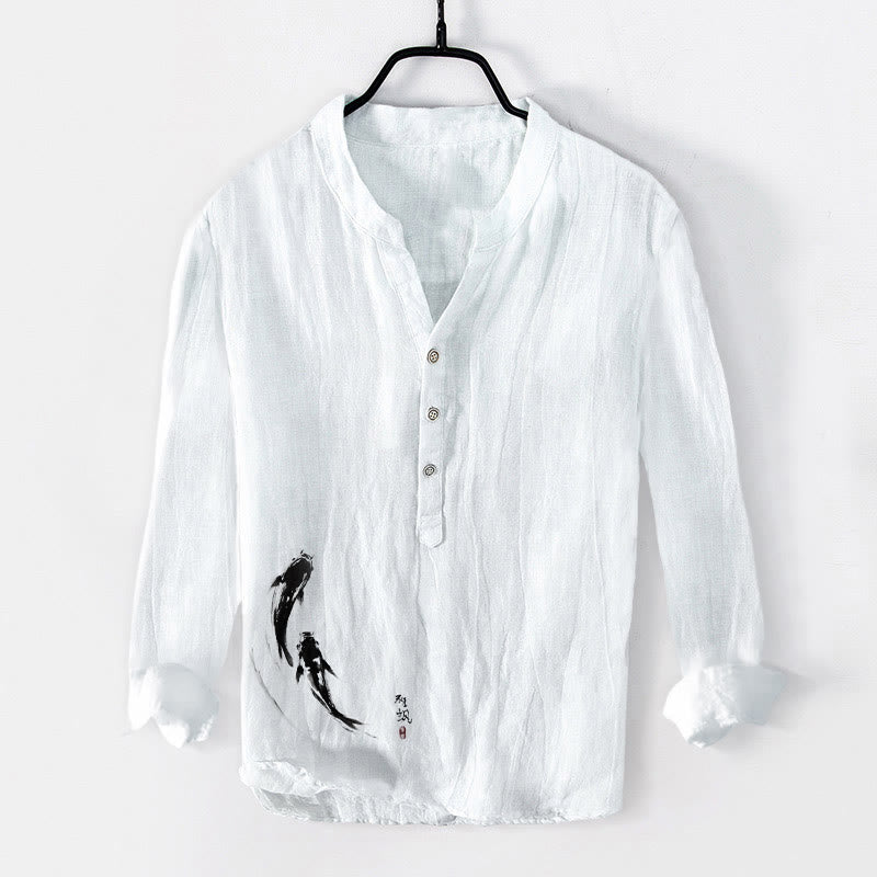 Buddha Stones Two Koi Fish Pattern Half Buttons Men's Cotton Linen Long Sleeve Shirt - White - US/UK/AU50，EU60 (5XL) - image 6