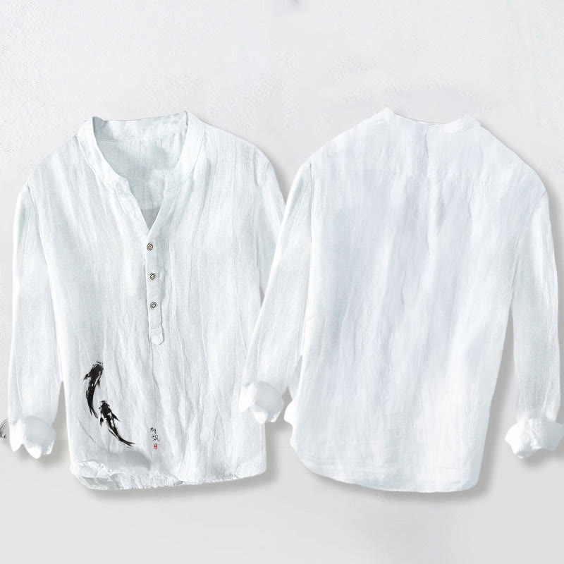 Buddha Stones Two Koi Fish Pattern Half Buttons Men's Cotton Linen Long Sleeve Shirt - image 8