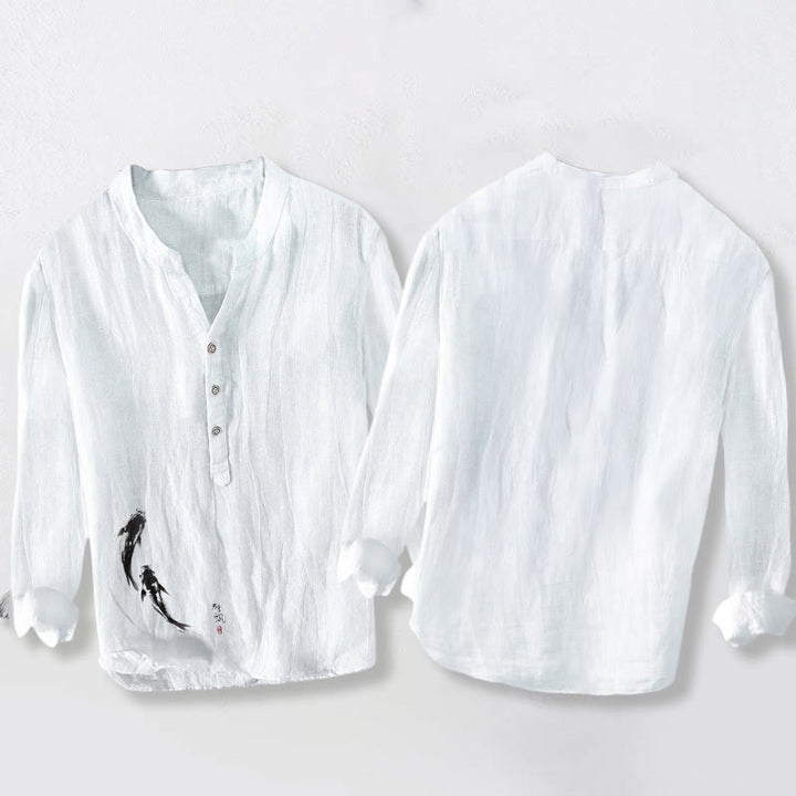 Buddha Stones Two Koi Fish Pattern Half Buttons Men's Cotton Linen Long Sleeve Shirt - image 8