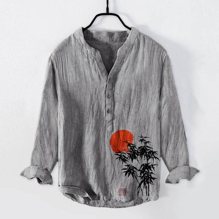 Buddha Stones Bamboo Leaves Red Sun Pattern Half Buttons Men's Cotton Linen Long Sleeve Shirt - Gray - US/UK/AU50，EU60 (5XL) - image 3