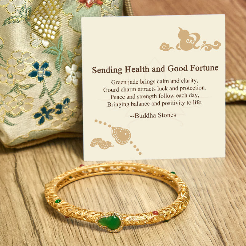 Buddha Stones "Sending Health and Good Fortune" Cyan Jade Copper Bangle Includes Gift Message Card - image 12