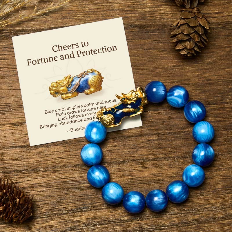 Buddha Stones "Cheers to Fortune and Protection" PiXiu Bracelet Includes Gift Message Card - Blue Sea Willow(Wrist Circumference 15-18cm) - Standard Gift Box - image 0