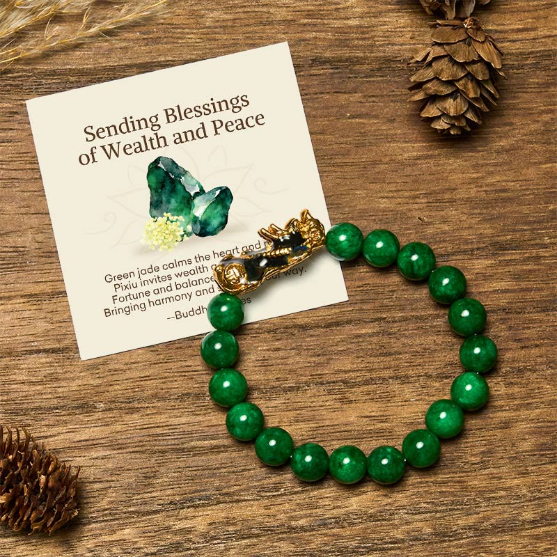 Buddha Stones "Sending Blessings of Wealth and Peace" PiXiu Jade Bracelet Includes Gift Message Card - 10mm - Standard Gift Box - image 0