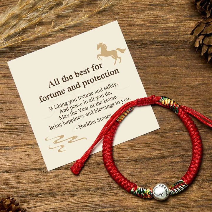 Buddha Stones "All the Best for Fortune and Protection" Year of the Horse Includes Gift Message Card - Horse Red String(Wrist Circumference 15.5-20cm) - Standard Gift Box - image 0