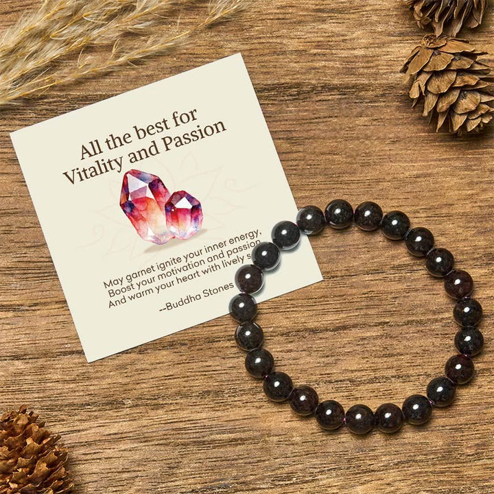 Buddha Stones "All the Best for Love and Harmony" Stone Quartz Bracelet Includes Gift Message Card - 8mm - Garnet - Standard Gift Box - image 86