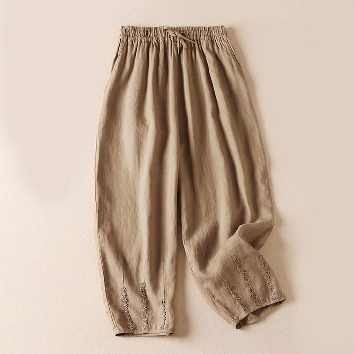 Buddha Stones Summer Small Flower Embroidery  Harem Pants With Pockets - Wheat - US8-10，UK/AU12-14，EU40-42 (2XL) - image 0